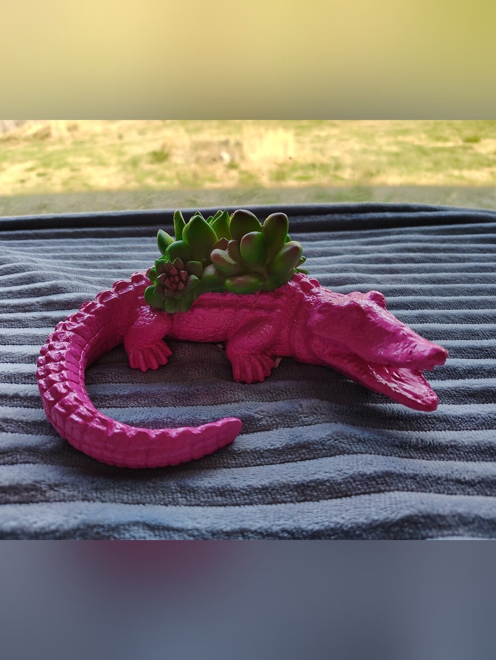 Vibrant Pink Alligator Planter with Green Succulent Accent